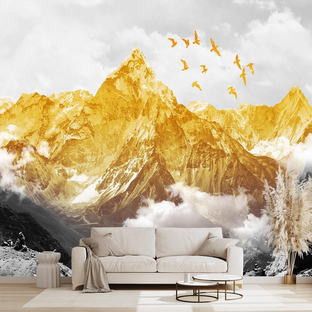 Golden Mountain Wallpaper for Bedroom Scene Large Wall Mural Living Room Adhesive Fabric Decor - 91"x65"（Not Peel and Stick）