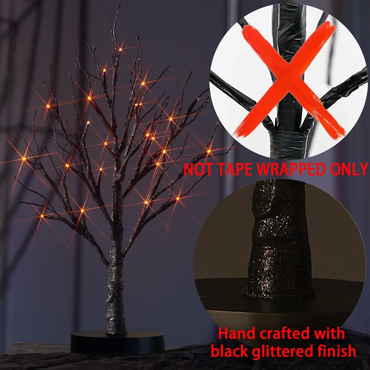 Fudios Black Halloween Tree with Lights 24 LED Orange with Timer, Lighted Tabletop Glittered Spooky Tree Artificial 18in for Witch Home Decor Battery Operated or USB Plug