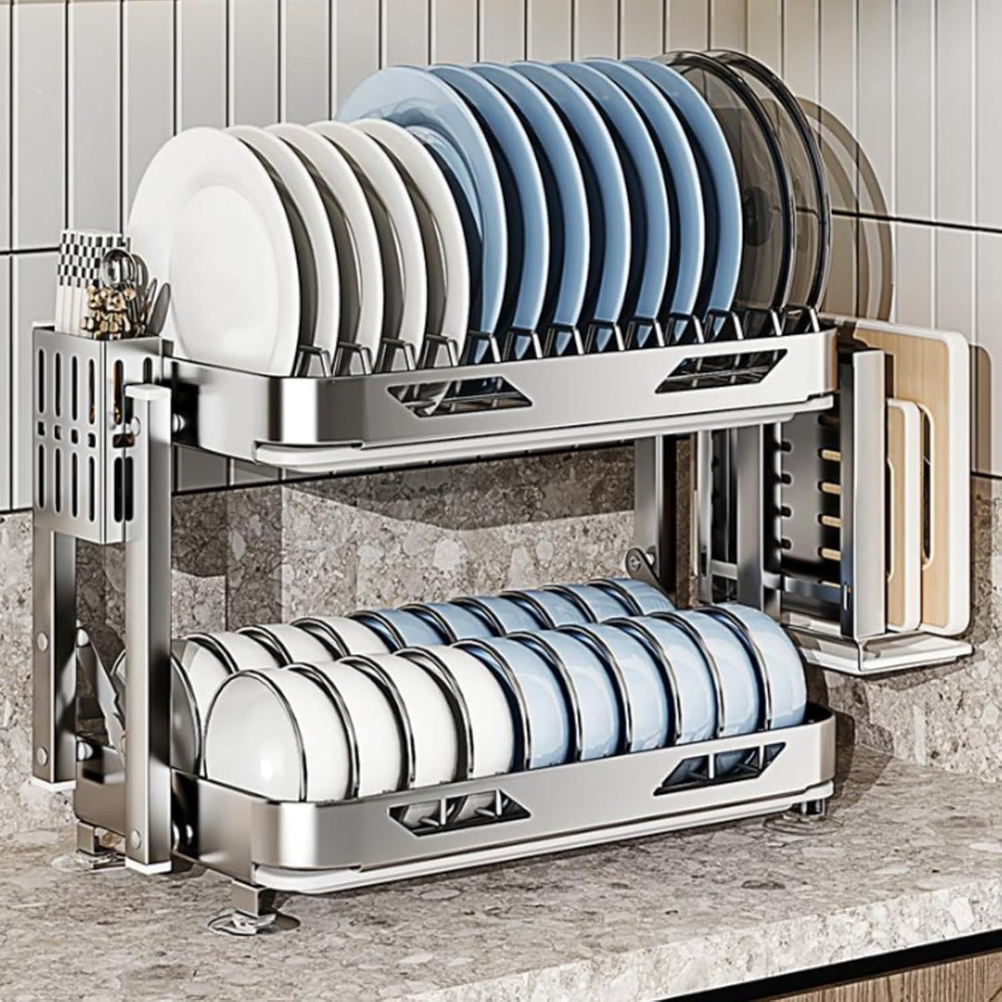 Dish Drying Rack with Drain Board - Rustproof Stainless Steel Dish Rack with Utensil Holder,Dish Racks for Kitchen Counter Over Sink,Over-Sink Drying Rack(Countertop,Second Floor)