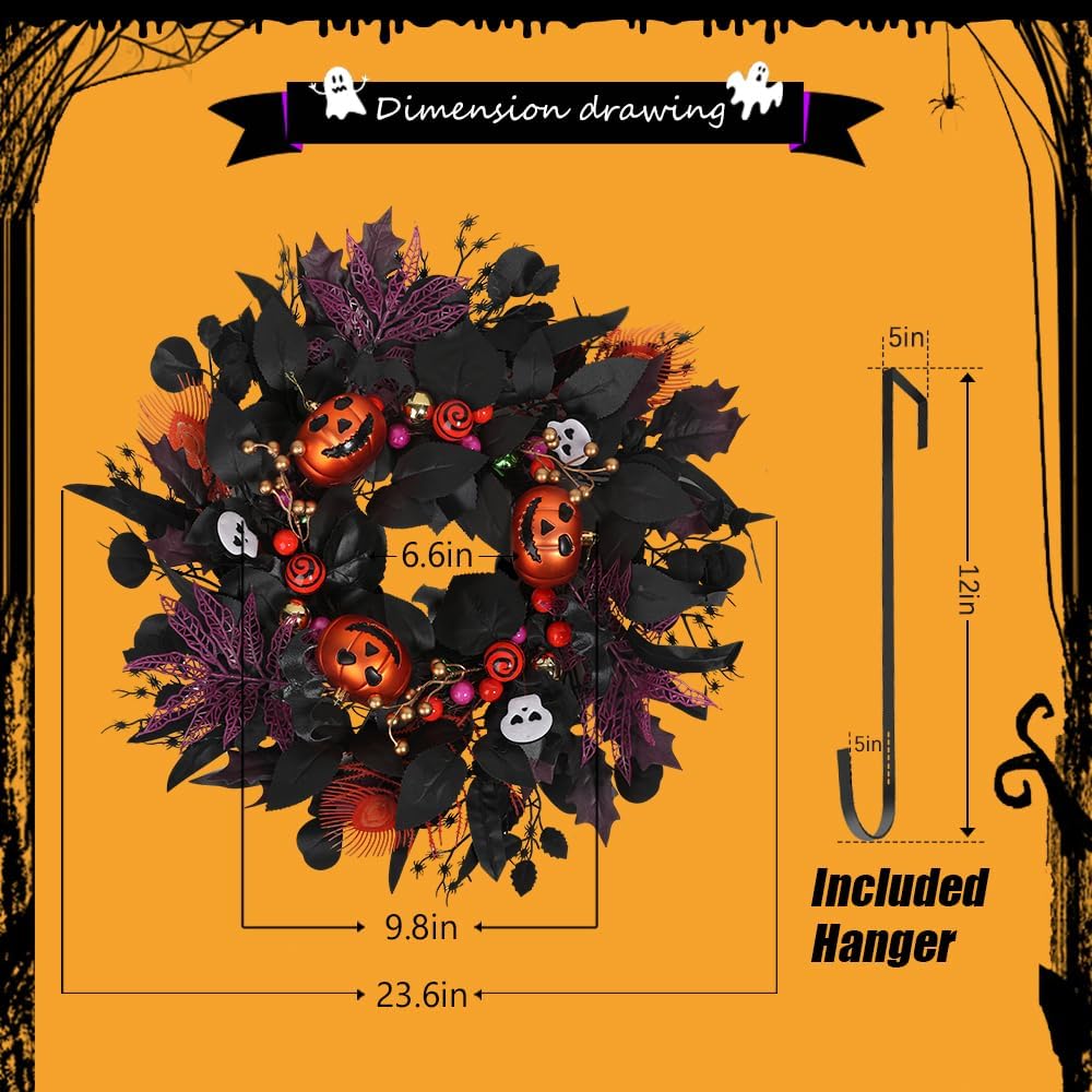 24" Glitter Halloween Wreath Outdoor - Sparkly Balls, Skulls, Bat, Skeleton, Pumpkin on Black Twig | Front Door Outside Goth Decor for Spooky Night
