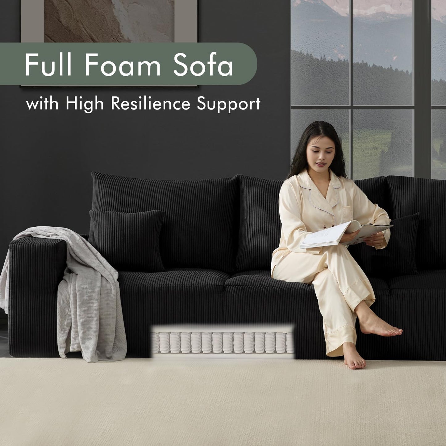 Boneless Sectional Cloud Couch Sofa for Living Room, 112" U-Shaped Modular Modern Lounge Sleeper Black Couches with Chaise, No Assemble, Cordury Compression Upholstered Sofas