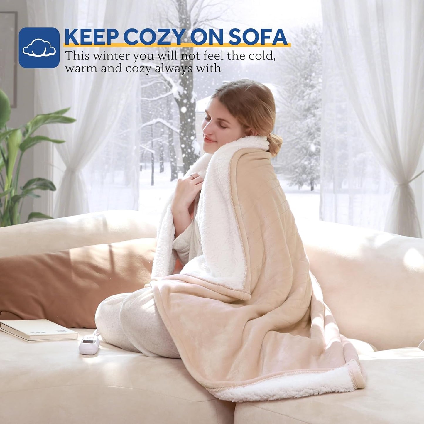 Sealy Electric Blanket Throw Size 50"*60",Super Cozy Flannel to Sherpa Reversible Heated Blanket Throw with 6 Heating Levels & 2-10 Hours Auto Off Overheating Protection Machine Washable,Beige