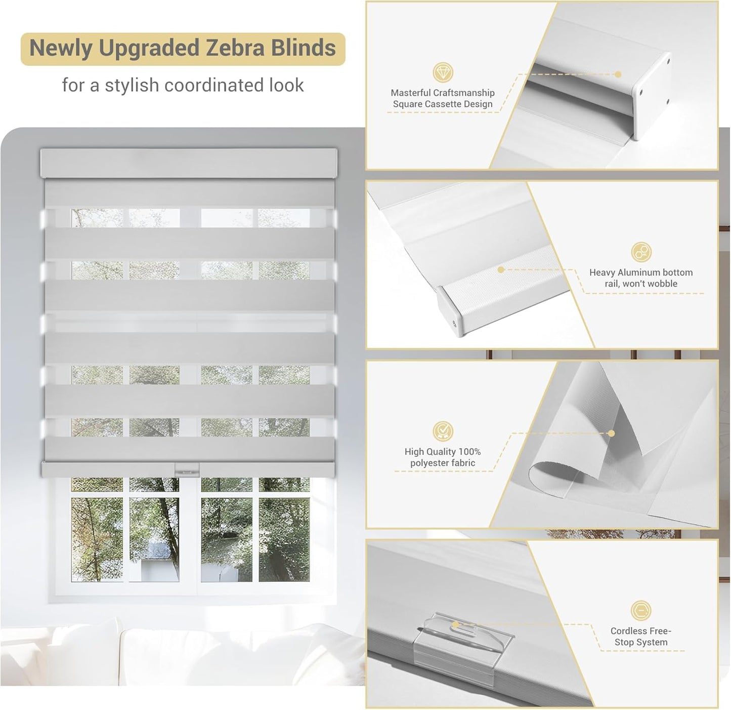 Cordless Zebra Blinds for Windows, Blackout Interior Blinds,Easy to Install,UV Protection,for Offices and Home,Custom Roller Shades, Solid White, 55" W x 56" H