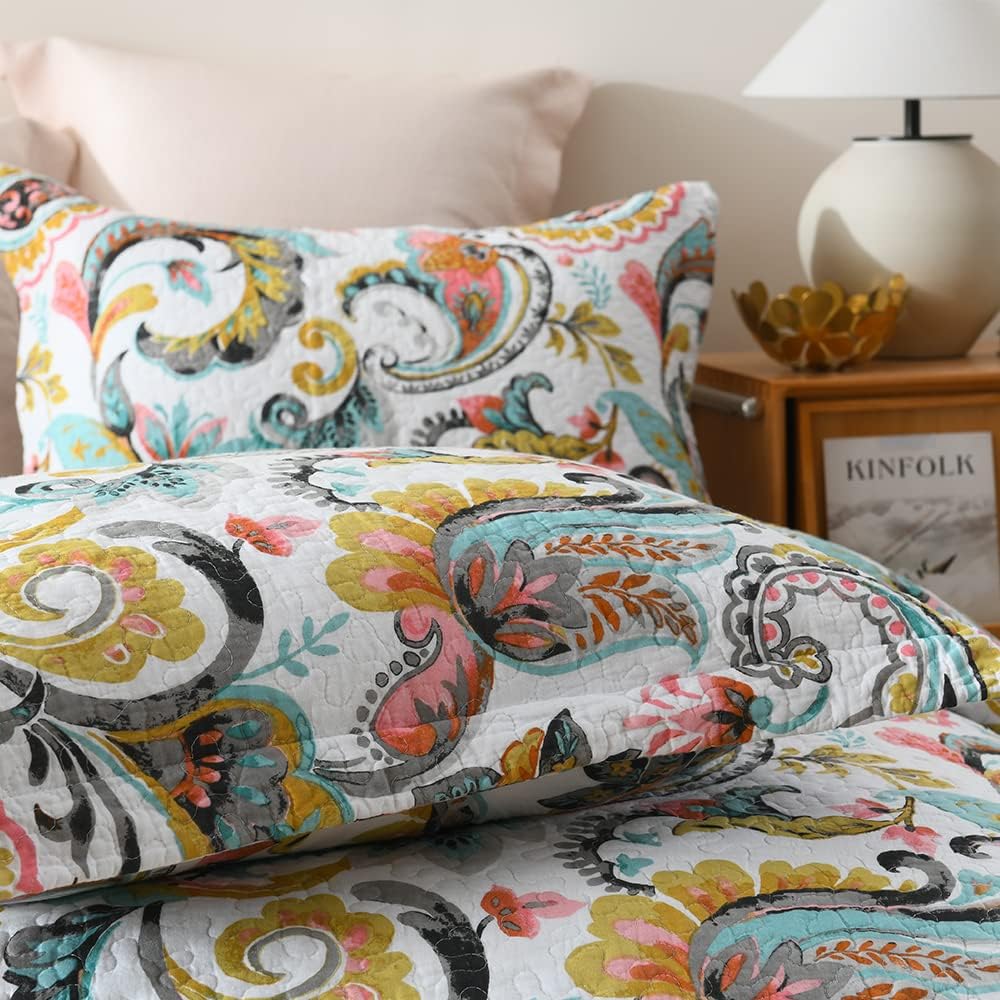 Autumn Dream Cotton Bedspread Quilt Sets, 3 Pieces Reversible Comforter Coverlet Sets,White Floral Paisley,Queen Size