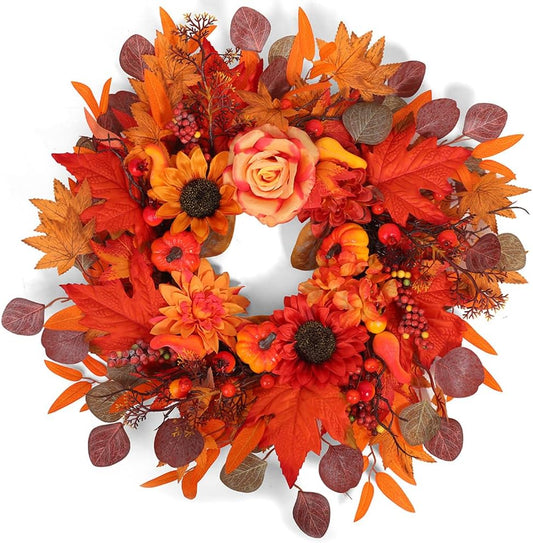 24" Fall Wreath for Front Door Outside - Sunflower, Pumpkin, Berry & Maple Leaves | Weatherproof Autumn Outdoor Wreaths with Hanger Hook for Thanksgiving, Harvest