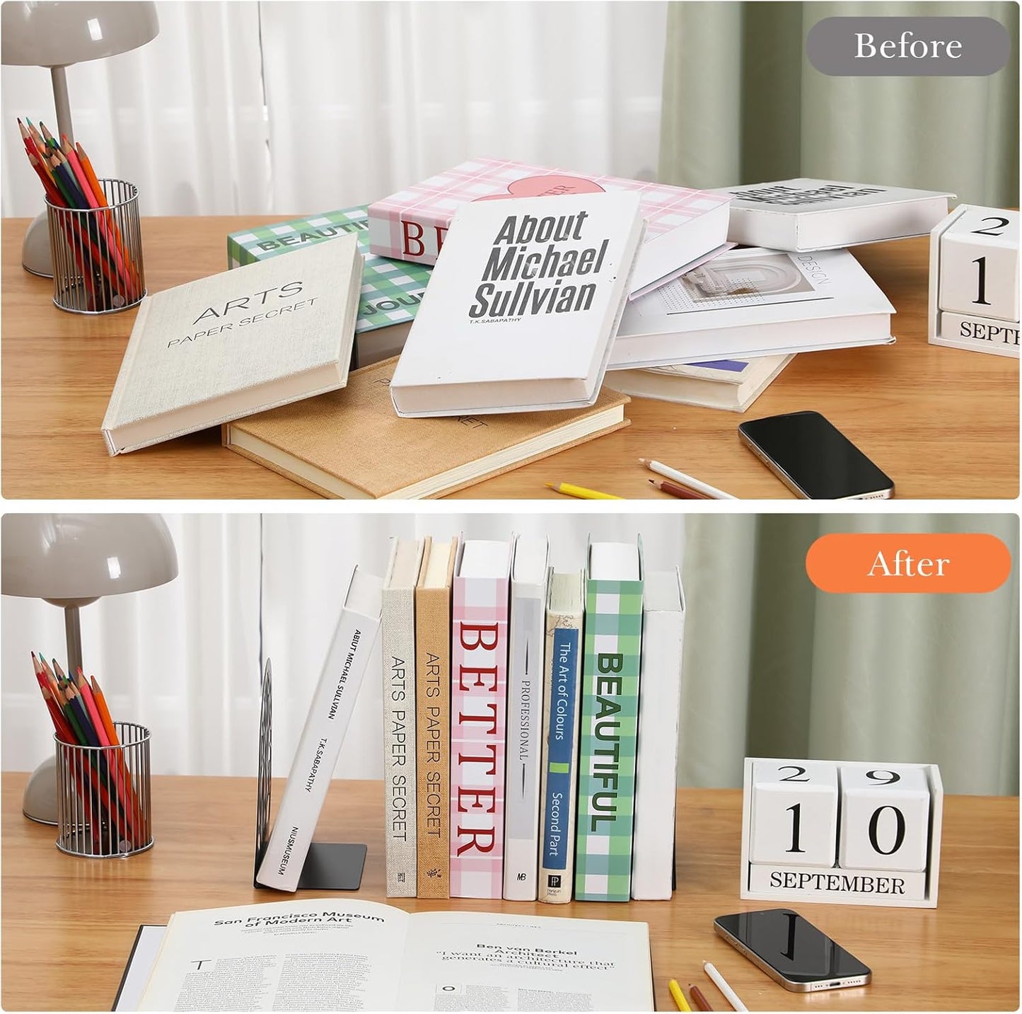 Faccito 5 Pairs Book Ends, Black Metal Bookends for Shelves Decorative, Non Skid Tree Stopper and Flower Shelf Holder for Heavy Books, Home Office School Supplies(Modern)