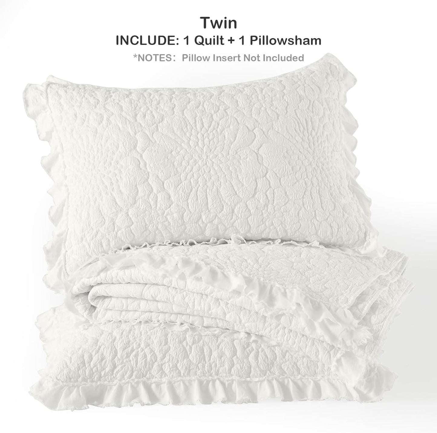 HORIMOTE HOME Cream White Ruffled Quilt Twin Size, Stone-Washed Microfiber Lightweight Crinkled Farmhouse Rustic Shabby Chic Bedding Set, 2 Pieces Reversible Bedspread with Pillow Sham for All Season