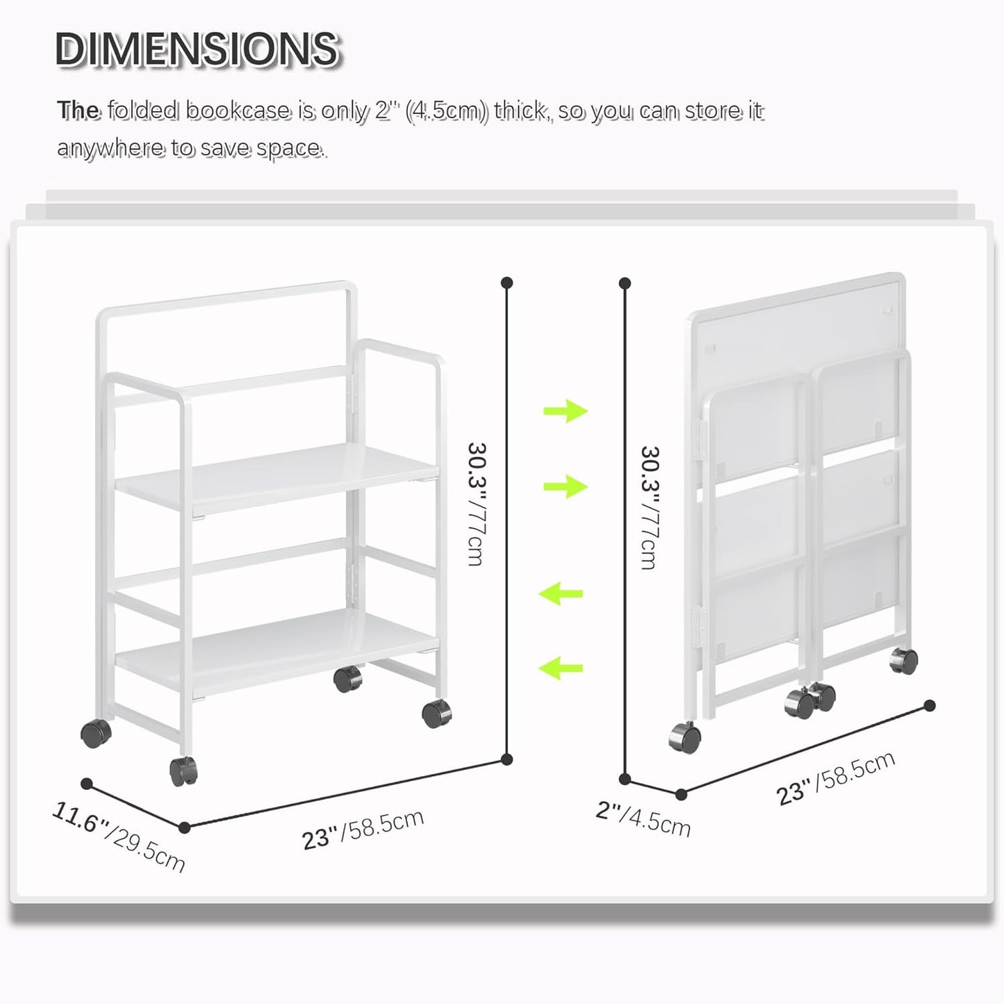 4NM 2 Tiers No-Assembly Folding Bookshelf with Wheels, Portable Rolling Storage Bookcase & Compact Side Table for Living Room, Bedroom, Kitchen, Bathroom (All White)