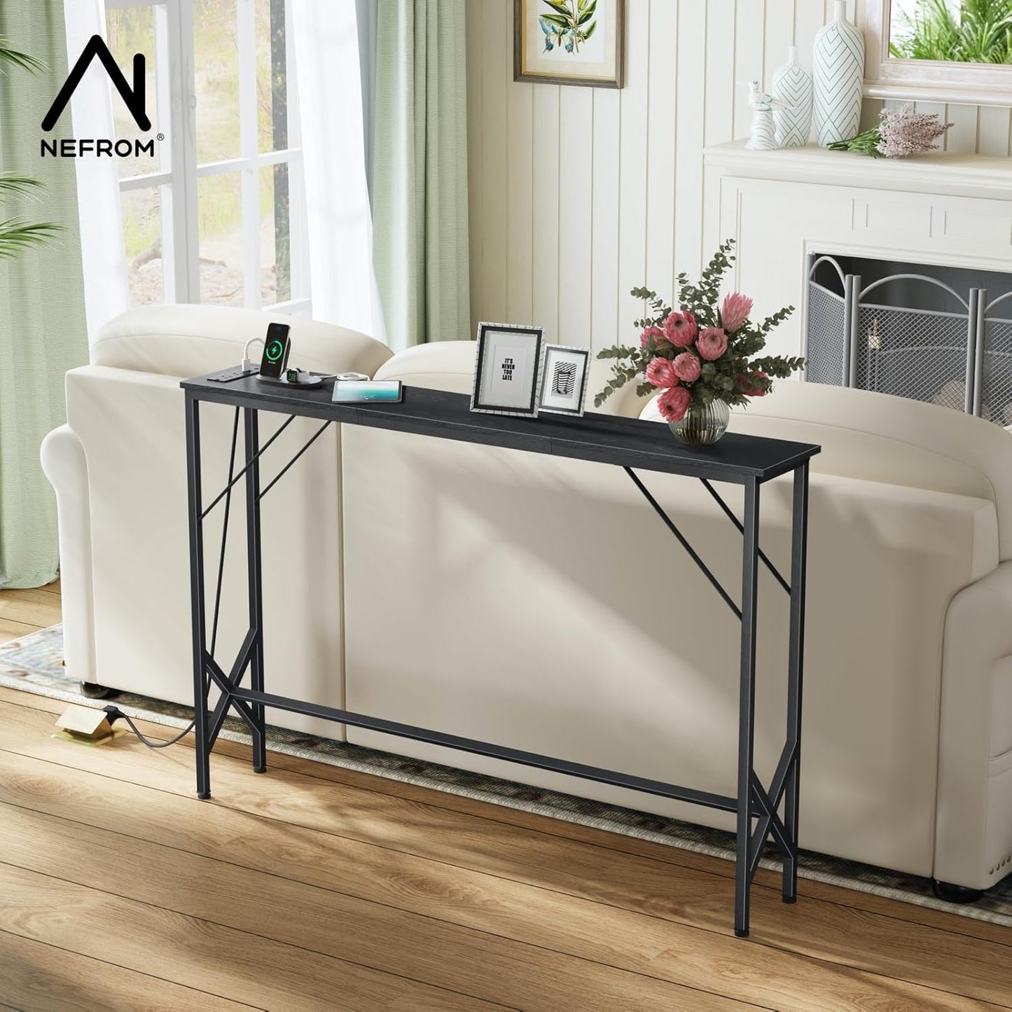 47.2'' Console Table, Skinny Entryway Table with Fast-Charging Station, Narrow Long Sofa Table, Behind Slim Couch Table for Entrance, Hallway, Living Room Decor ST-BK120-1