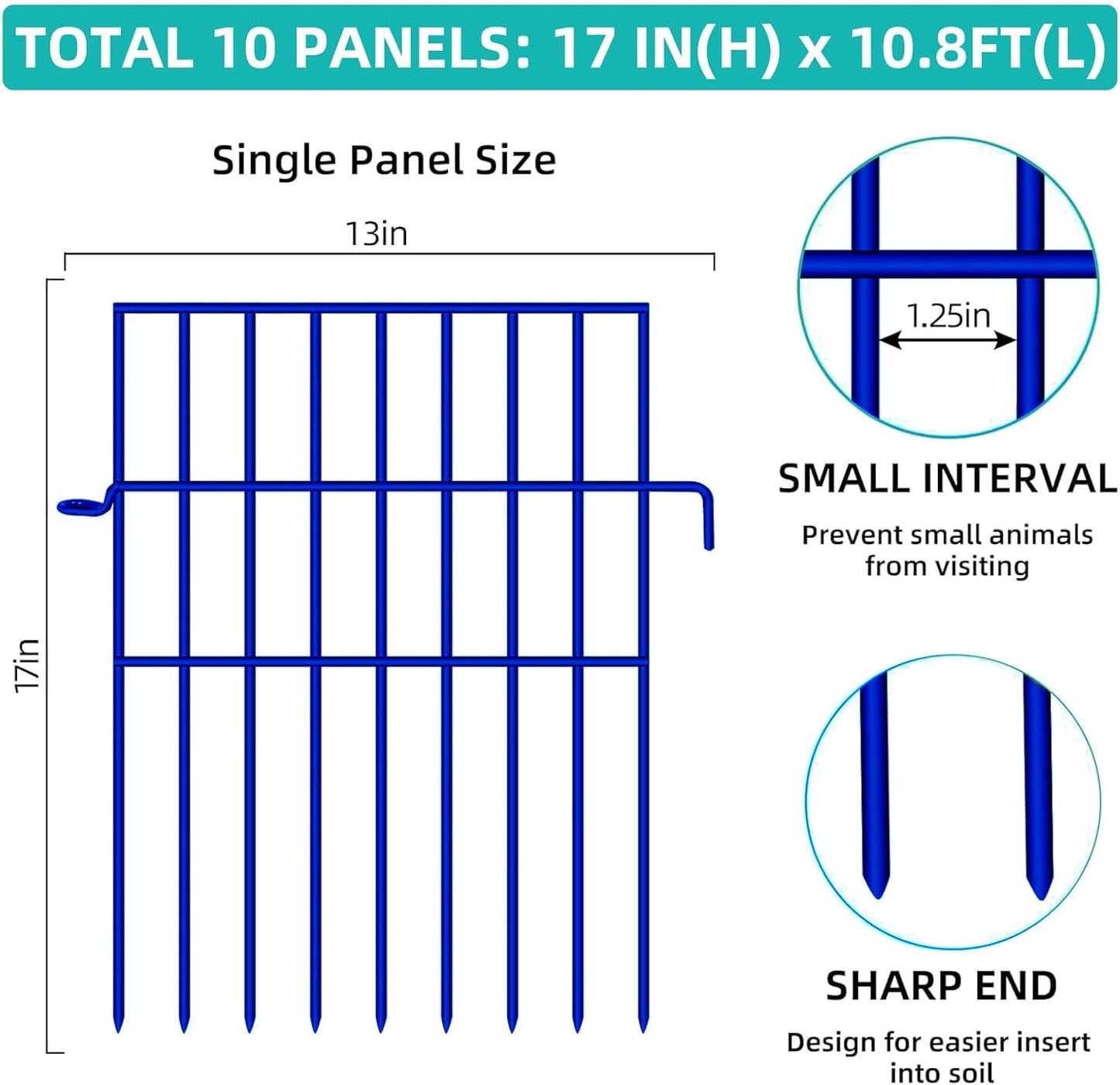 Animal Barrier Fence, 10 Panels No Dig Fences, 17in(H) X 10.8ft(L) Garden Fence Animal Barrier for Rabbits and Dog Under Fencing Barrier, Rustproof Metal Fences Border for Outdoor, Yard, Patio
