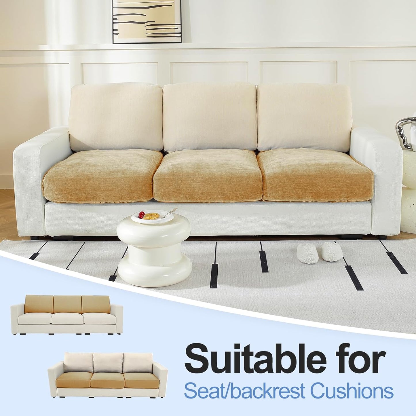 Couch Cushion Covers Individual Large Super Stretch Chenille (Softer Version) Sofa Cushion Covers, Couch Seat Covers Couch Slipcovers Furniture Protector (3PC, Khaki)