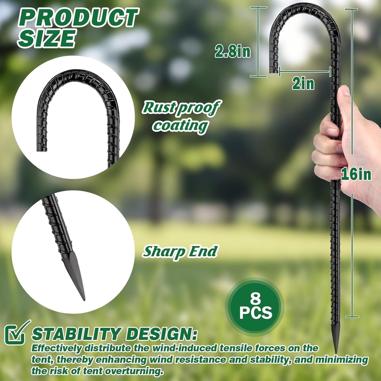 16 Inch Ground Stakes Heavy Duty,8 Pack Metal Fence Stakes for Ground for Wire Fencing,Heavy Duty Long Tent Stakes for Trampolines Camping Canopies and Swing Set