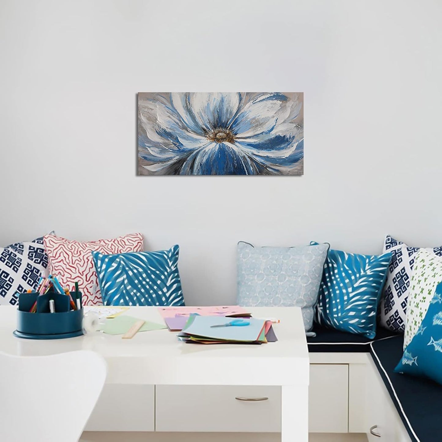 Flower Canvas Wall Art for Living Room Large White Blue Flower Picture Giclee Print Painting Wall Decor Framed Artwork Ready to Hang for Home Bedroom Wall Decoration Size 20x40