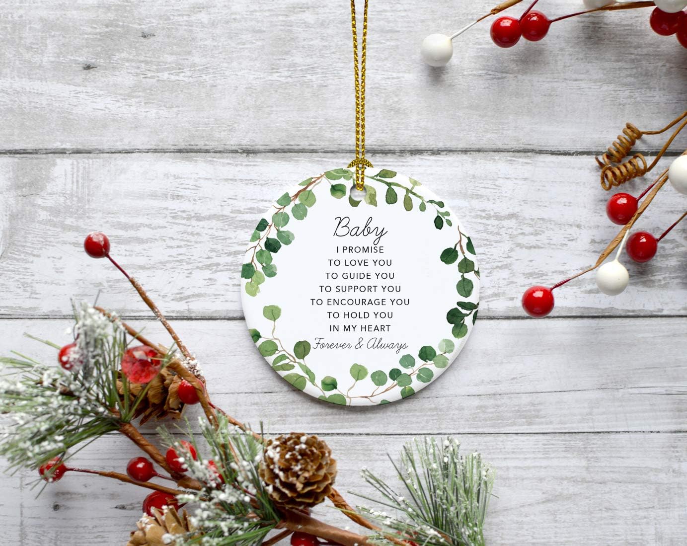 Andaz Press Round Ceramic Porcelain Christmas Tree Ornament Gift, Baby I Promise to Love You, Farmhouse Eucalyptus Wreath, 1-PackGirl's Grandchild Niece Birthday Ideas