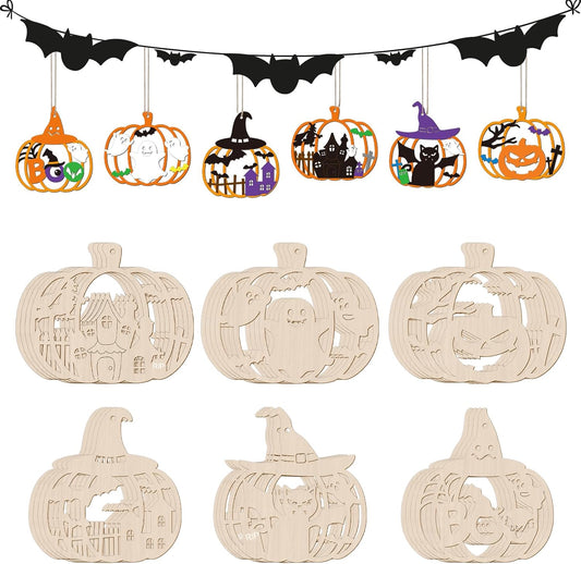 24 PCS Unfinished Wooden Halloween Crafts,Pumpkin Shaped Hanging Ornaments DIY Wood Craft Cutouts for Halloween Party Decor (Hollow Pumpkin)