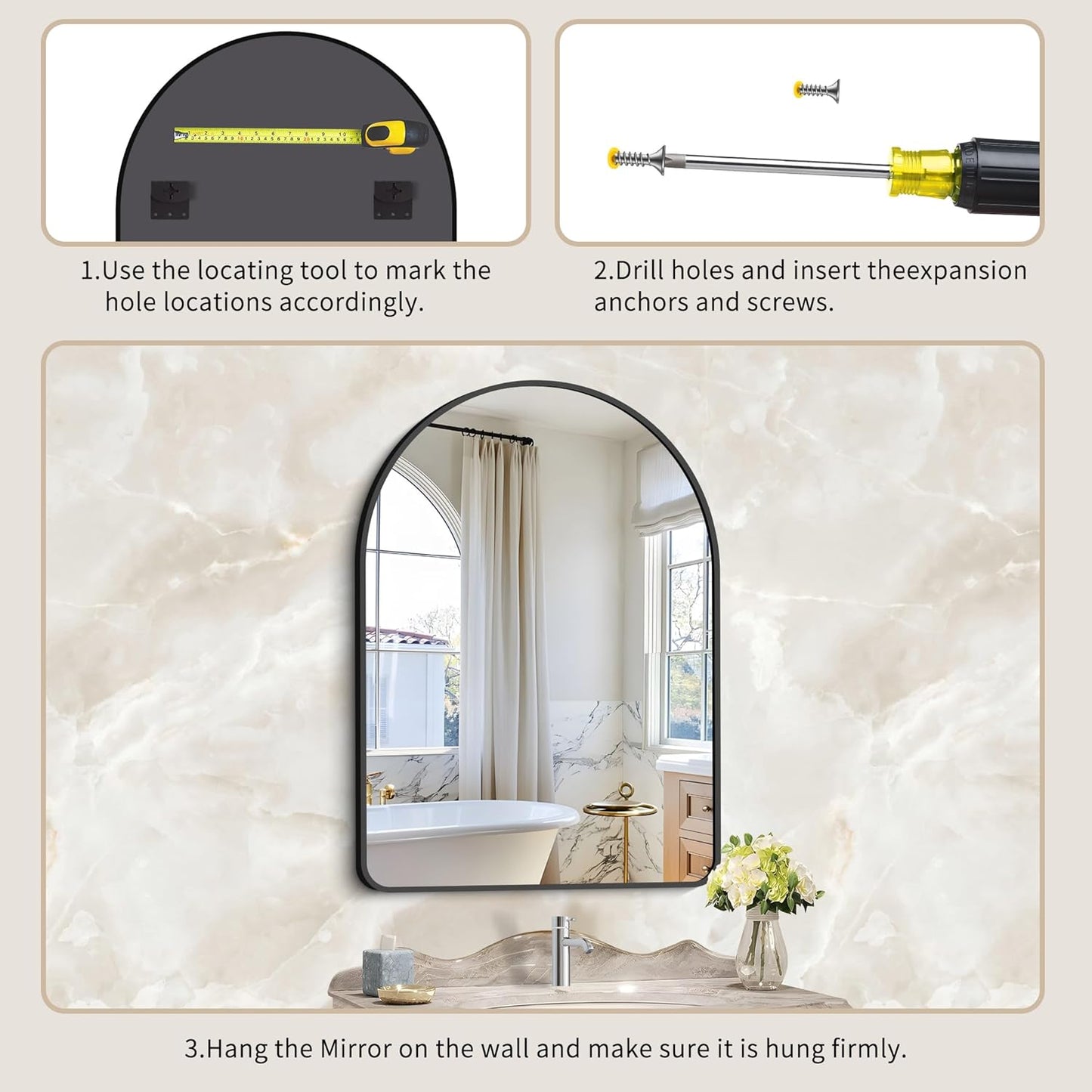 GLASHOM 30"x40" Black Arched Mirror for Bathroom, Wall Mounted Mirror, Aluminum Alloy Brushed Framed Wall Mirror, Anti-Rust, Large Mirror for Over Sink, Bedroom, Entryway (Vertical)