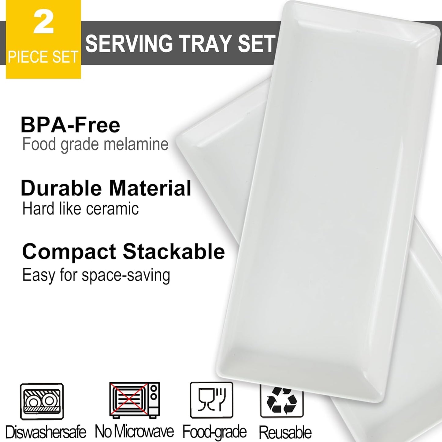 Long Melemine Serving Tray, 17.3x8x1.5 in Serving Platters and Trays for Appetizer, Charcuterie, Bread, Fruit, Dessert, Set of 2, White