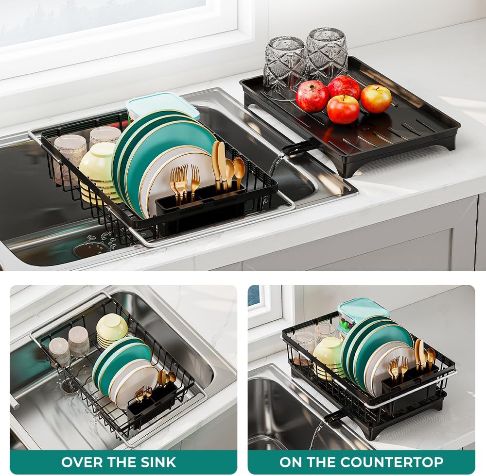 Expandable Dish Drying Rack in Sink, Adjustable Stainless Steel Rustproof Grip Handles Dish Rack Over The Sink, Dish Strainer with Drying Tray & Utensil Holder