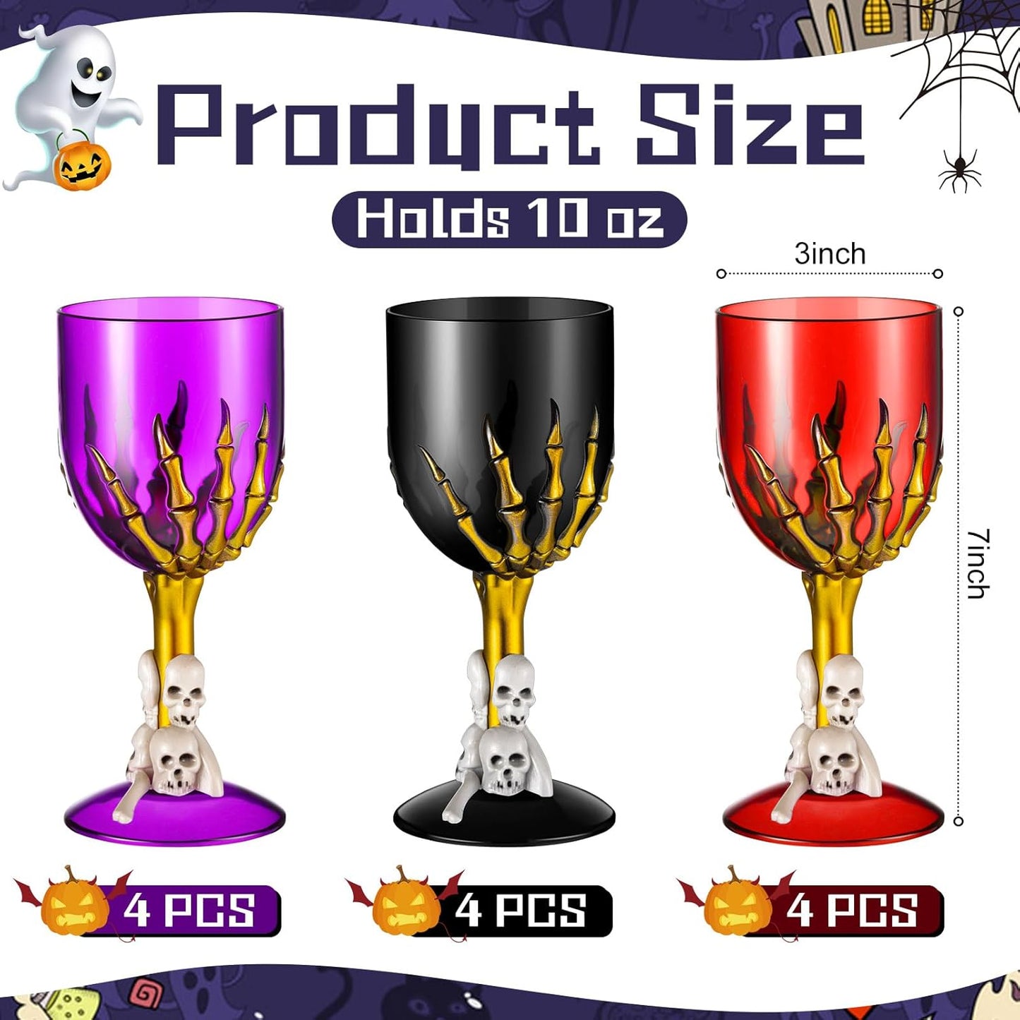 Sliner 12 Pcs Halloween Skull Claw Goblet Wine Cup 10 oz Gothic Skull Wine Goblet Skeleton Design Cup Creepy Claw Mug for Halloween Party Bar Fancy Haunted House Martini Drinking KTV Store
