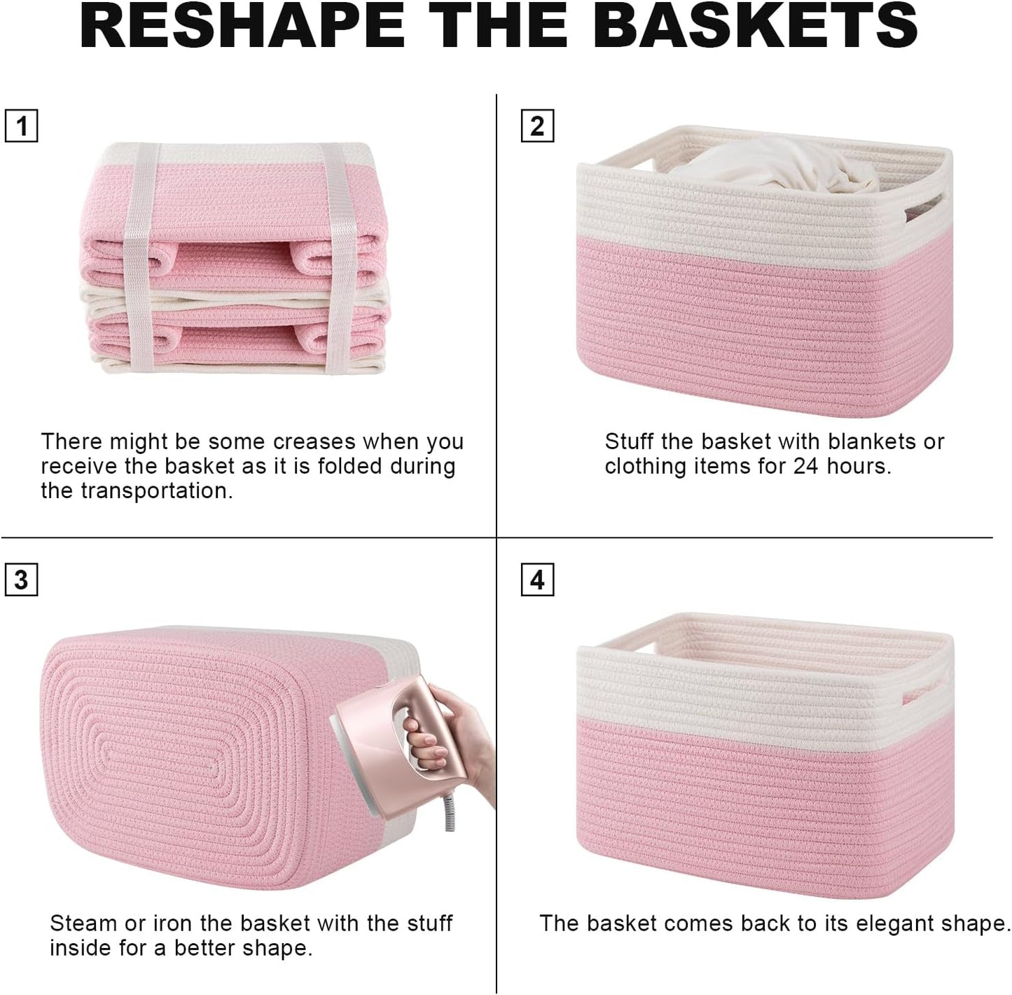 4 Pack Storage Baskets for Organizing, Woven Baskets for Shelves - Perfect for Toys, Books, Towels, and Clothes, Durable Gift Basket Bins Toy Storage, 12.7''Lx9''Wx7.8''H, Pink & White