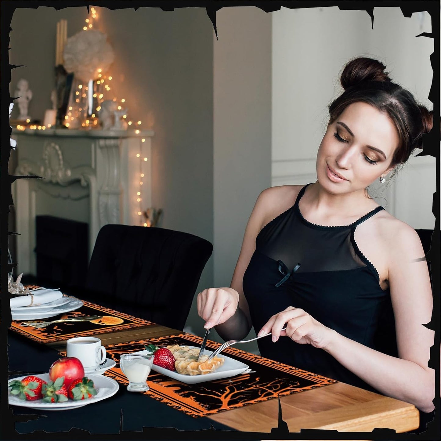 Umigy 6 Pcs Halloween Placemats 12"x18" Gothic Bat Placemats Kitchen Decoration Washable Witch Place Mats Rectangle Skull Table Mats for Halloween Dining Table Accessories(Black Orange Style)