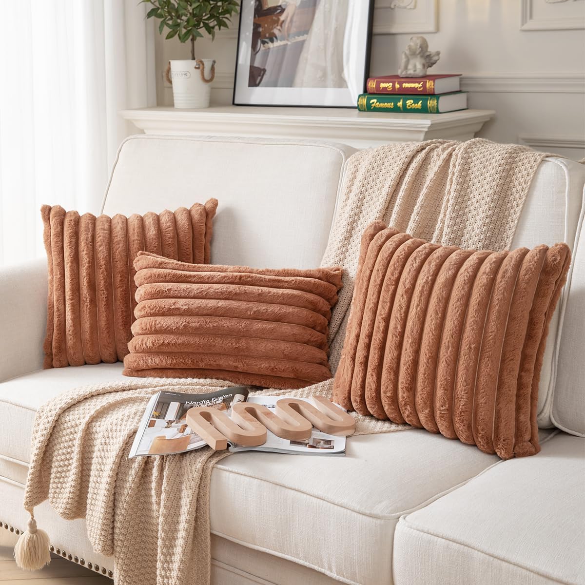 DEELAND Pack of 2,Double-Sided Faux Fur Plush Decorative Throw Pillow Covers Fuzzy Striped Soft Pillowcase Cushion Covers for Sofa Couch Bedroom Brown 18x18 inch