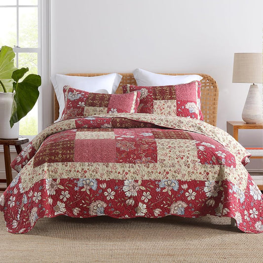 Cotton Bedspread Quilt Bedding Sets 3 Pieces Reversible Coverlet Sets Comforters Vintage Floral Patchwork Purple Red Bedspread, Queen Size