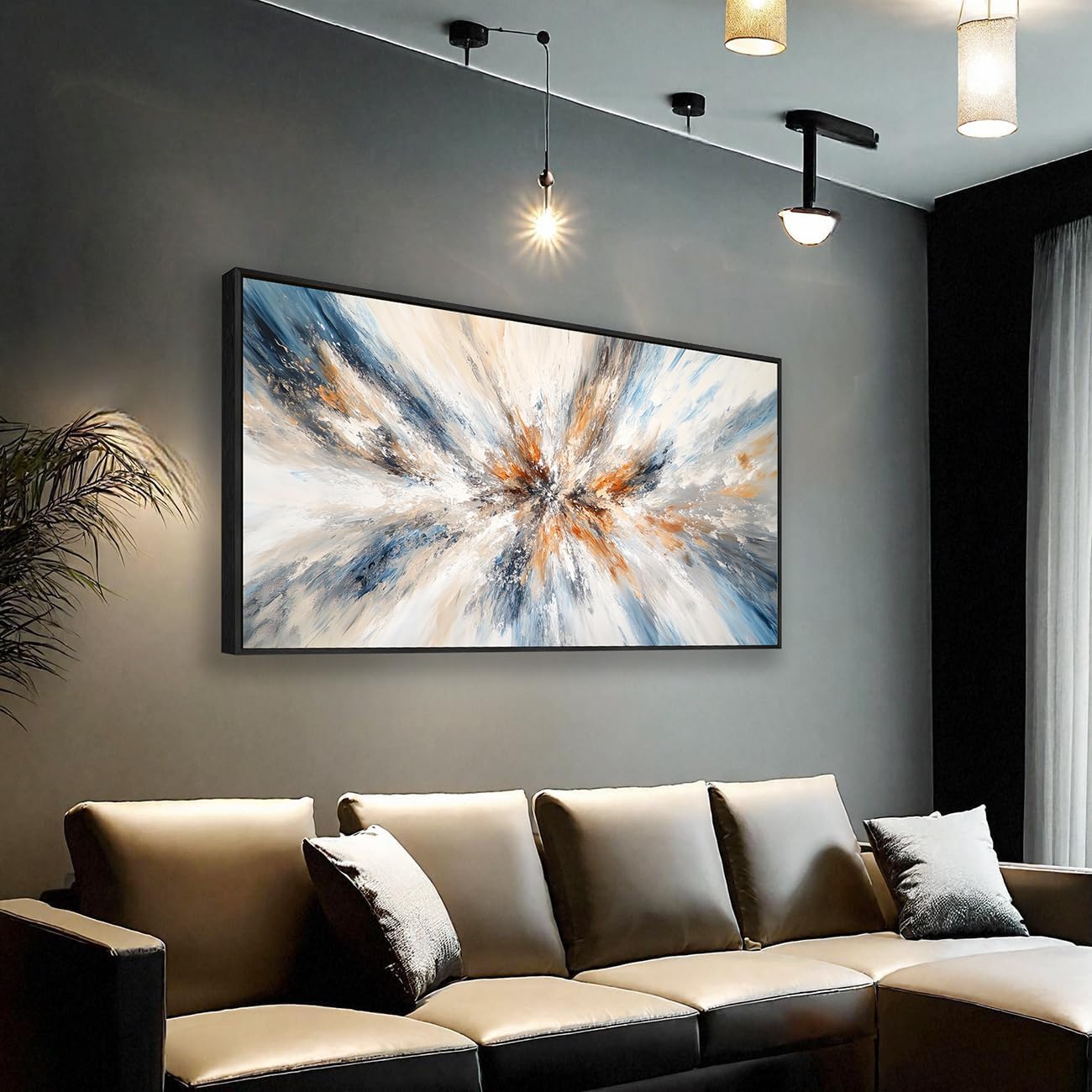 Abstract Painting Wall Art Small Size Framed Canvas Prints 20" x 40" Blue and Orange Abstract Modern Minimalist Living Room Decor for Bedroom Office Wall Décor
