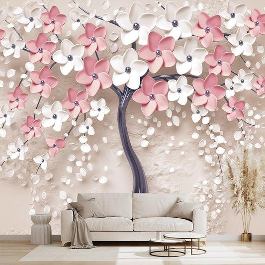 3D Relief Abstraction Pink Flowers Tree Mural Bedroom Floral Wallpaper Room Decor Living Room tv Background Large Wall Mural - 91"x65" (Not Peel and Stick)