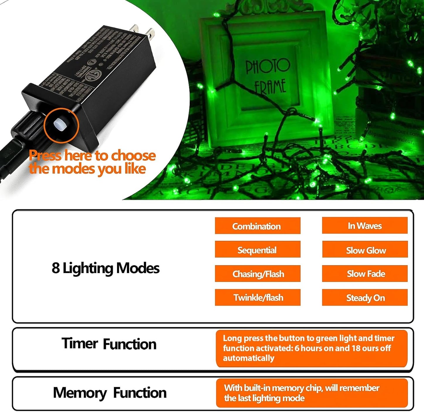75.8 FT 200 LED Green Christmas String Lights Outdoor & Indoor, Memory Function & Timer & 8 Modes, Extendable Ultra Bright Green Wire Waterproof Mini Lights for Christmas Tree Yard Holiday Party Decor