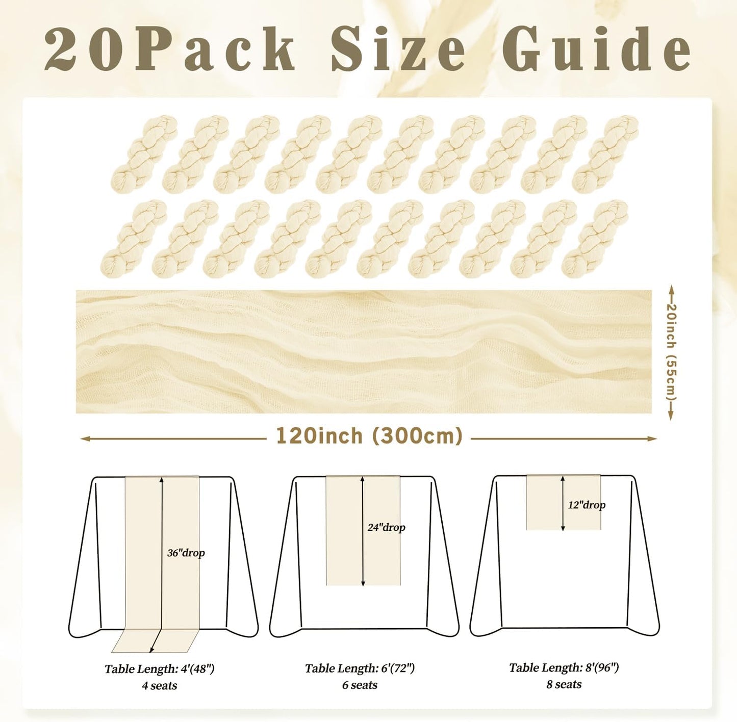 10FT 20 Pack Beige Cheesecloth Table Runner 20 x 120 Inch Long Rustic Gauze Fabric Cheese Cloth Table Runner for Wedding Bridal Baby Shower Table Decorations Boho Sheer Birthday Party Table Decor