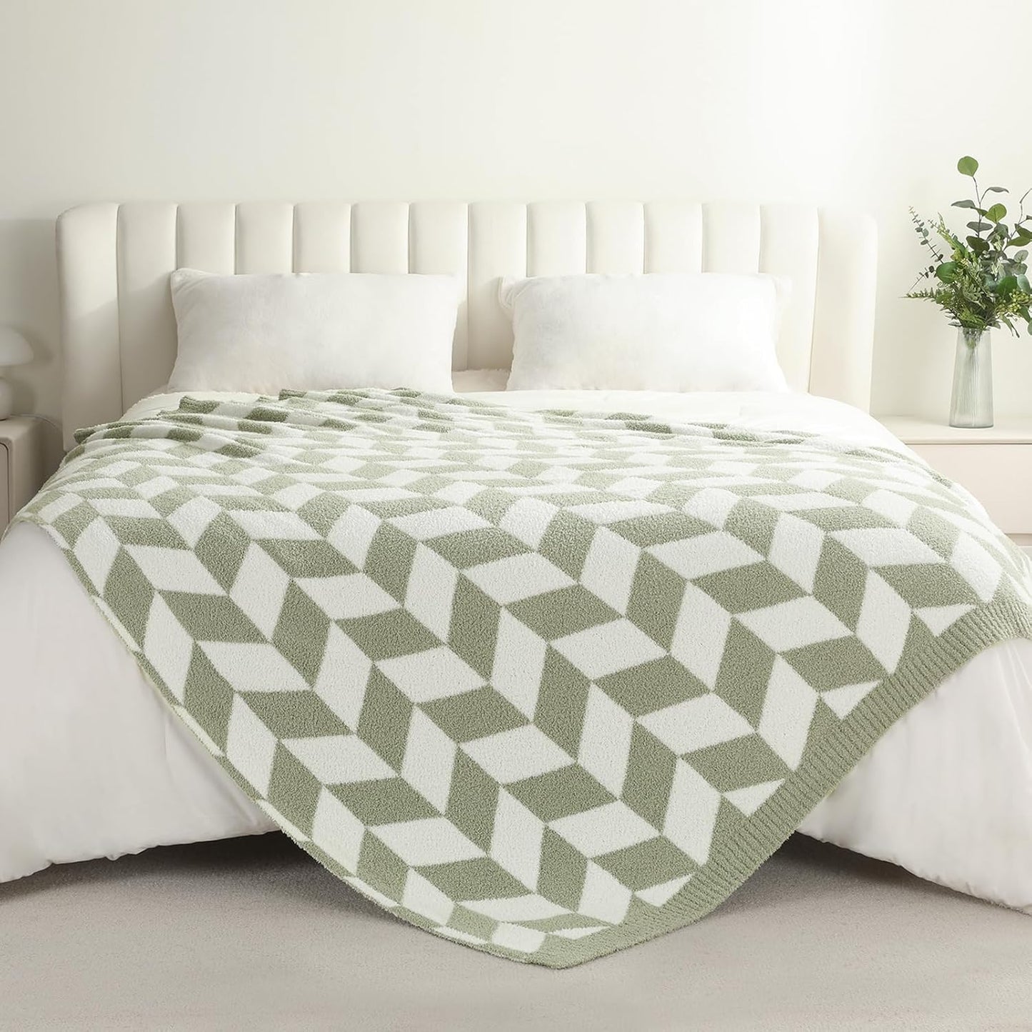 Snuggle Sac Sage Green Bedding Blankets Twin Size, Super Soft Warm Blankets Oversized Cozy Knit Fuzzy Blanket for Living Room, Chevron Green,60x80 inches