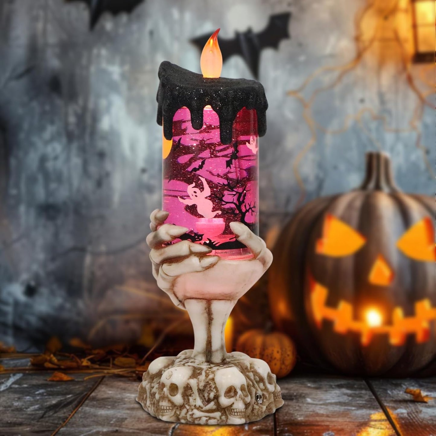 Eldnacele Halloween Snow Globe Candles Lighted Lamp USB Powered Battery Operated Spooky Spinning Water Glittering Tornado Flameless Candles Skeleton Hand Holder Halloween Centerpiece Decor(Ghost)