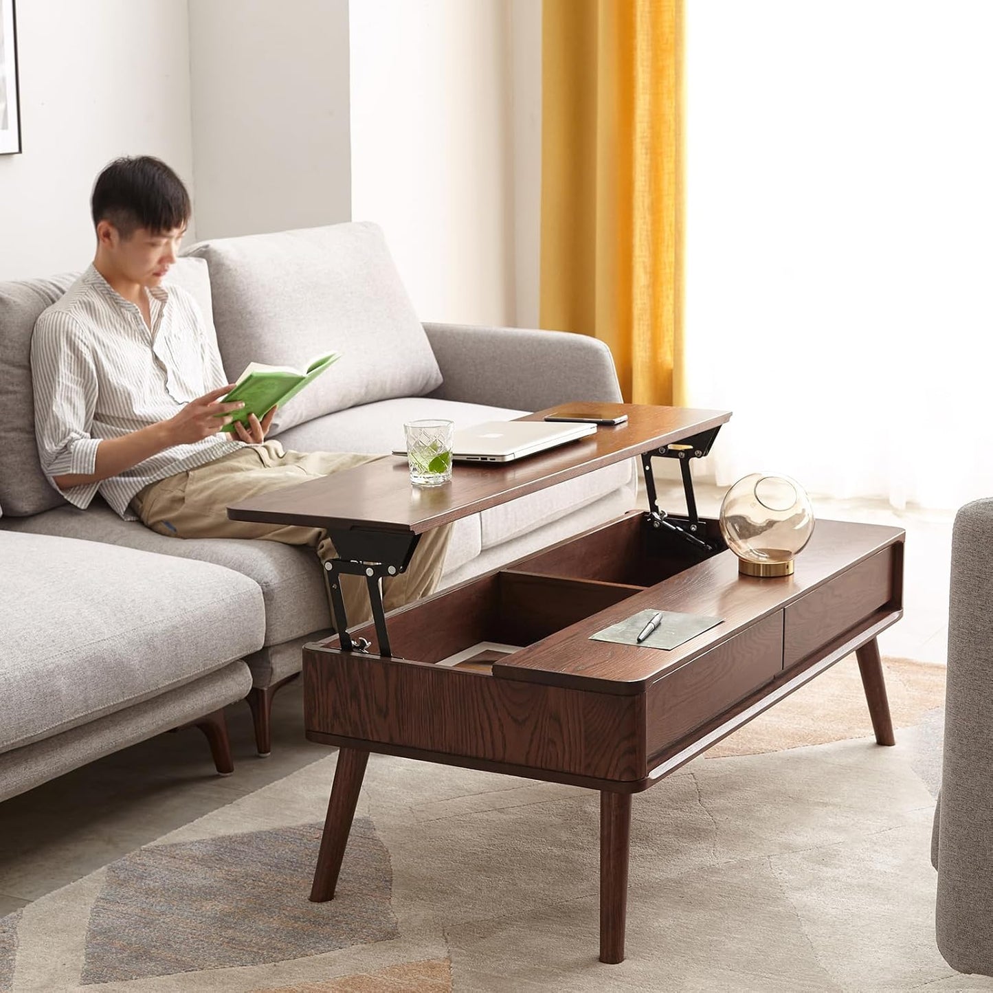 100% Solid Wood Lift Top Coffee Table for Living Room, Mid Century Modern Tables with Drawers and Large Storage, Oak Wood Coffee Tables for Small Spaces (Oak Walnut Color, 47.24"W x 23.62"D x 25.59"H)