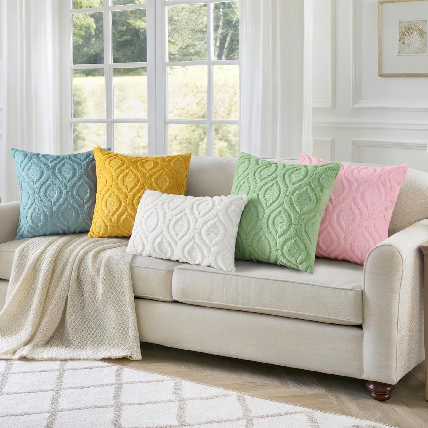 decorUhome Throw Pillow Covers 16x16 Inch Set of 2, Soft Plush Decorative Faux Fur Cream Beige Solid Couch Pillow Covers, Accent Farmhouse Neutral Square Euro Pillow Cases for Sofa Bed Living Room