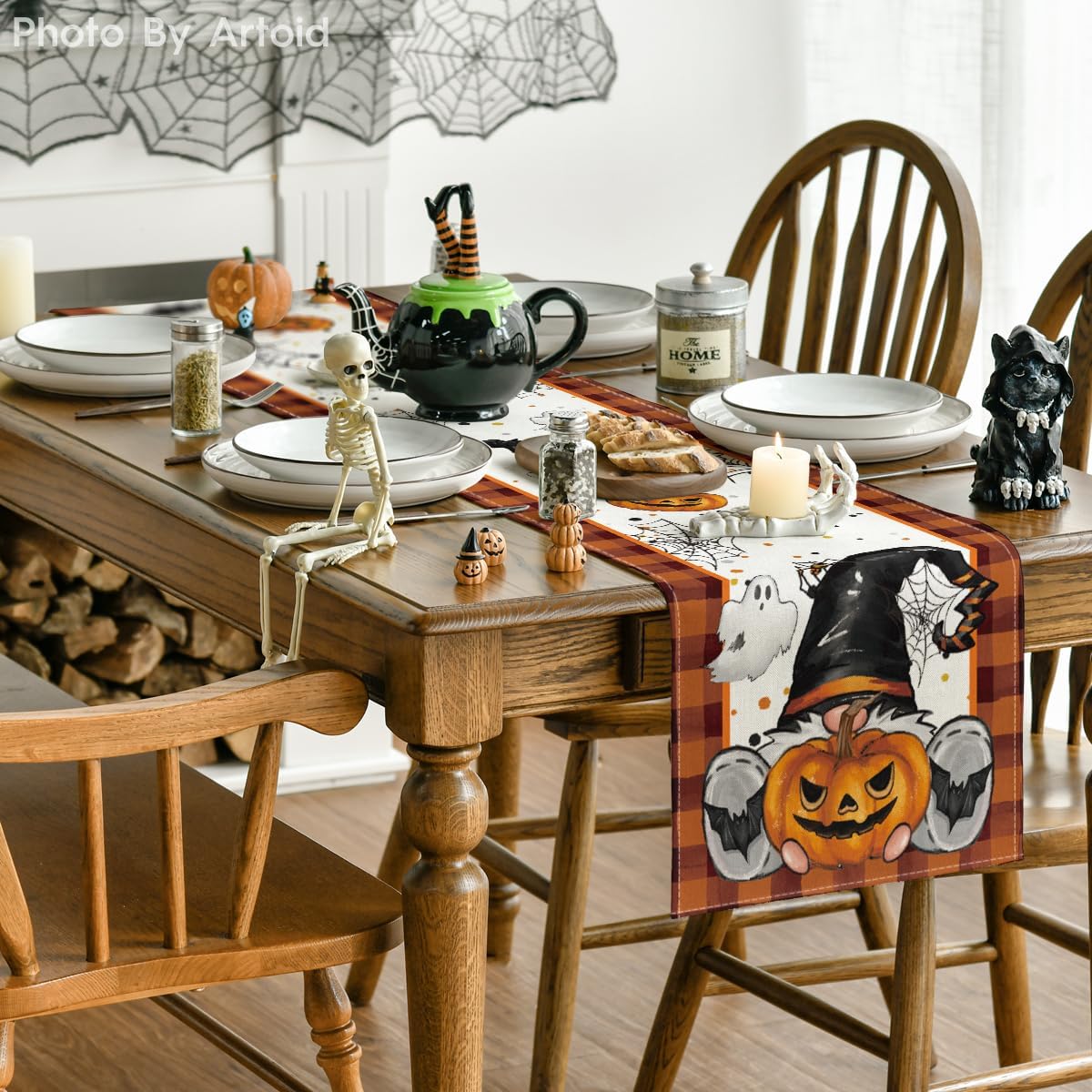 Artoid Mode Orange Black Buffalo Plaid Gnome Bat Pumpkin Ghost Halloween Table Runner, Sensonal Kitchen Dining Table Decor for Home Party 13 x 72 Inch
