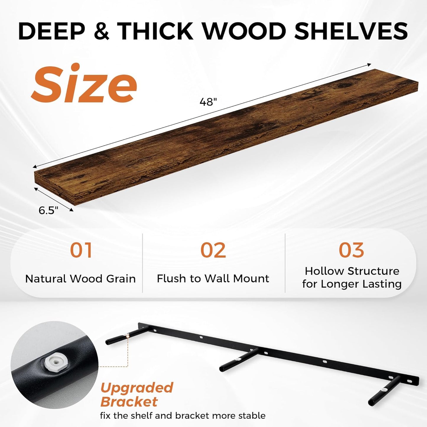 Floating Shelves for Wall, 48 Inch Floating Shelves for Home Decor, Wall Mounted Rustic Wood Shelves, Bathroom, Hanging Deep Shelf for Bedroom, Living Room, Kitchen (Rustic Brown, Set of 2)