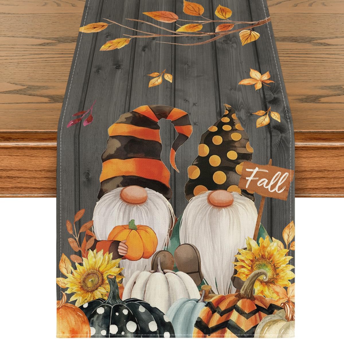 Artoid Mode Fall Gnomes Pumpkins Sunflower Maple Leaves Thanksgiving Table Runner, Seasonal Harvest Vintage Kitchen Dining Table Decoration for Indoor Outdoor Home Party Decor 13 x 108 Inch