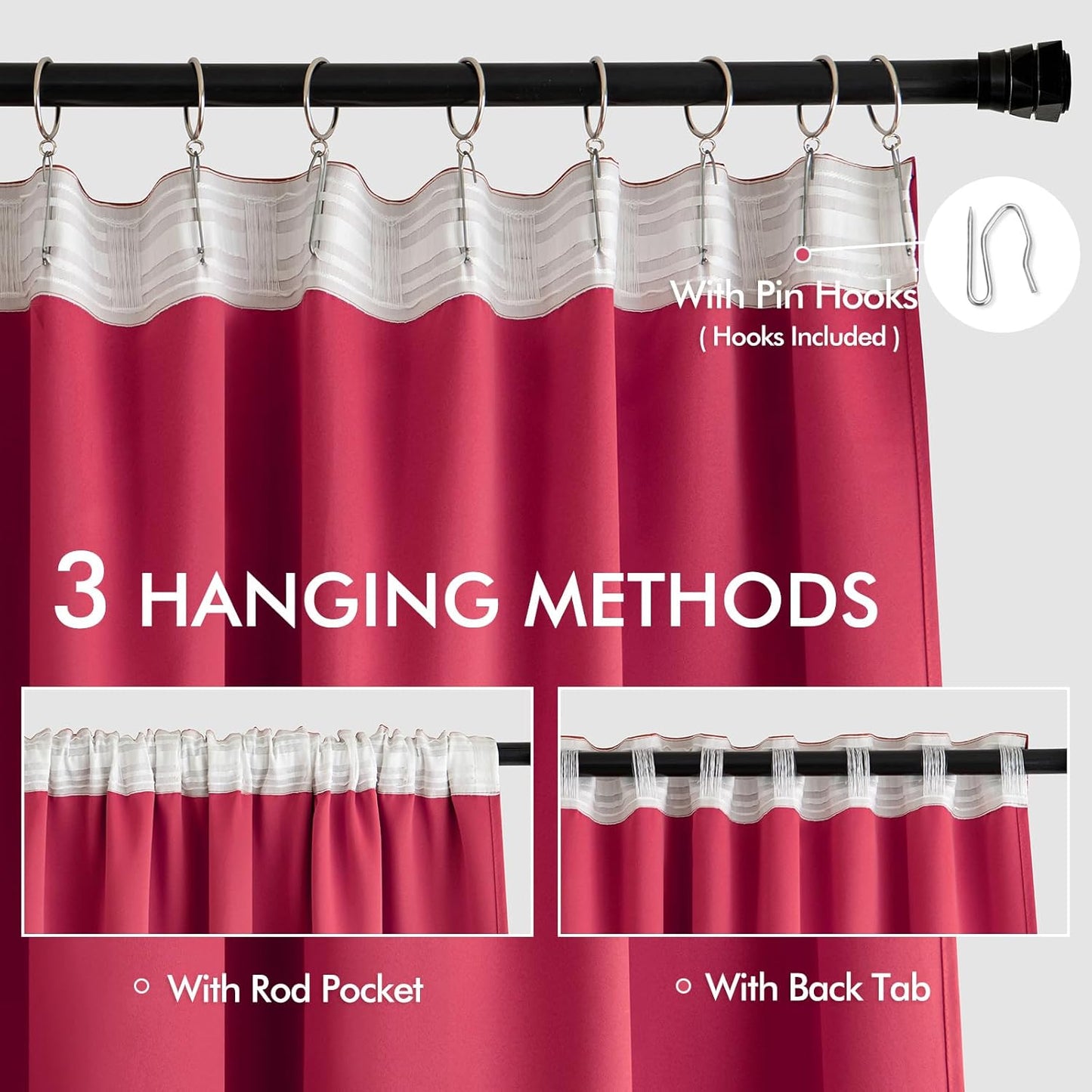 MIULEE Hot Pink Back Tab Blackout Curtains 102 Inch Long 2 Panels Set for Bedroom, Rod Pocket/Pinch Pleated Thermal Insulated Living Room Darkening Light Blocking Floor to Ceiling Drapes
