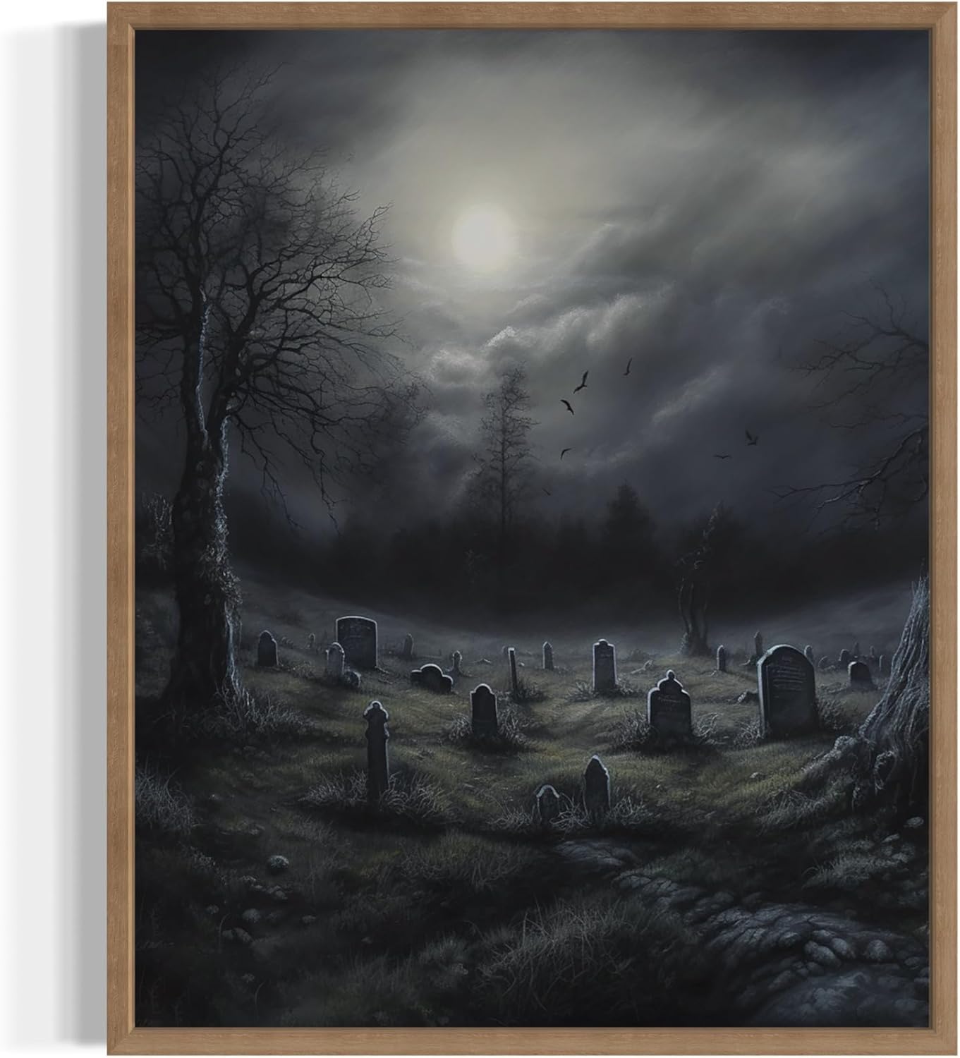 Gothic Graveyard Poster Art Print, Halloween Scary Vintage Wall Art Academia Spooky Painting Decoration for Horror Prints, Posters Bedroom Decor 89 (Gothic Graveyard, 8 x 10 inches, Wood Frame)