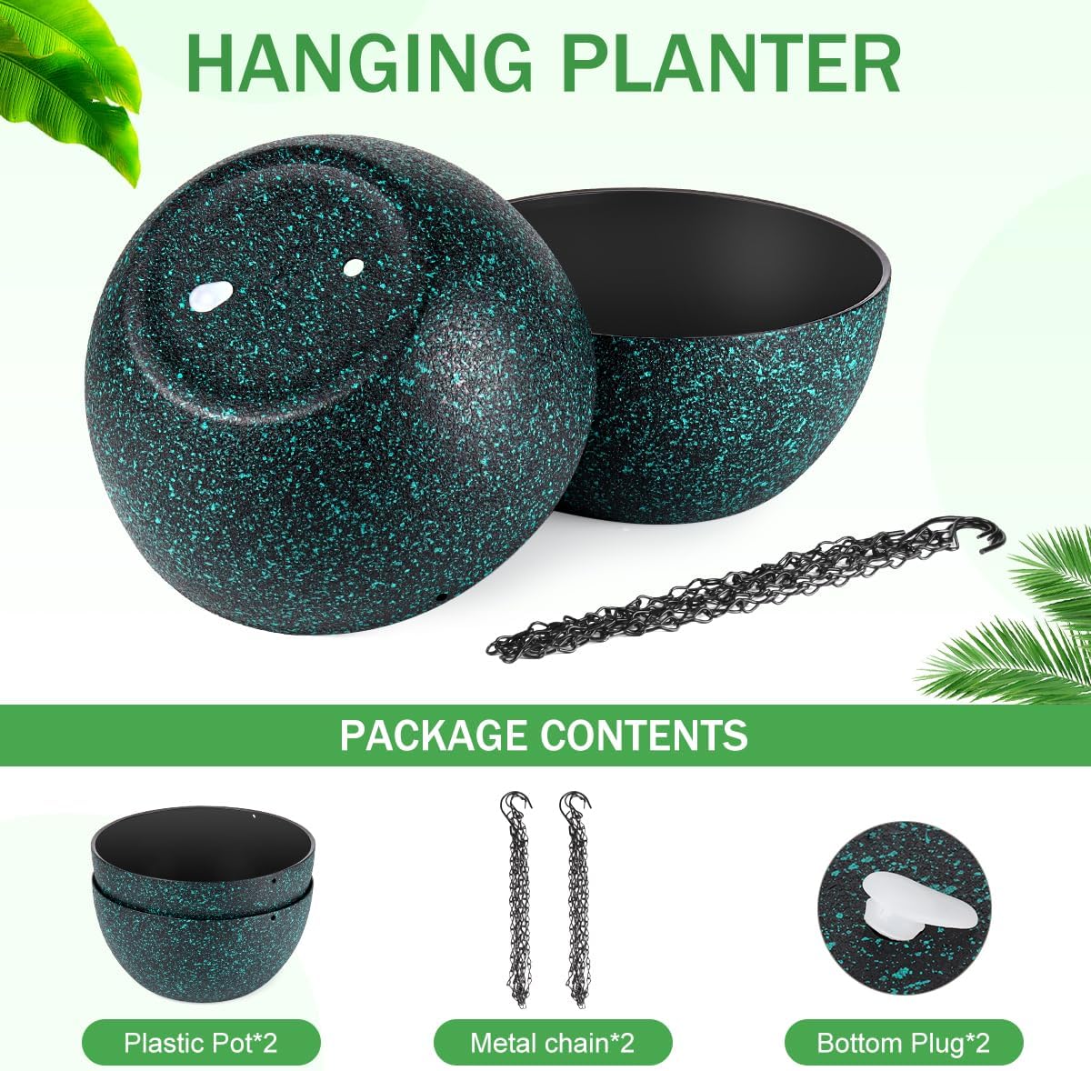 12 inch Hanging Planters for Indoor Plants, 2 Pack Planters for Outdoor Plants with Drainage Holes and Chain, Round Plastic Hanging Baskets, Hanging Flower Pots for Balcony Garden Decor-Black Speckle