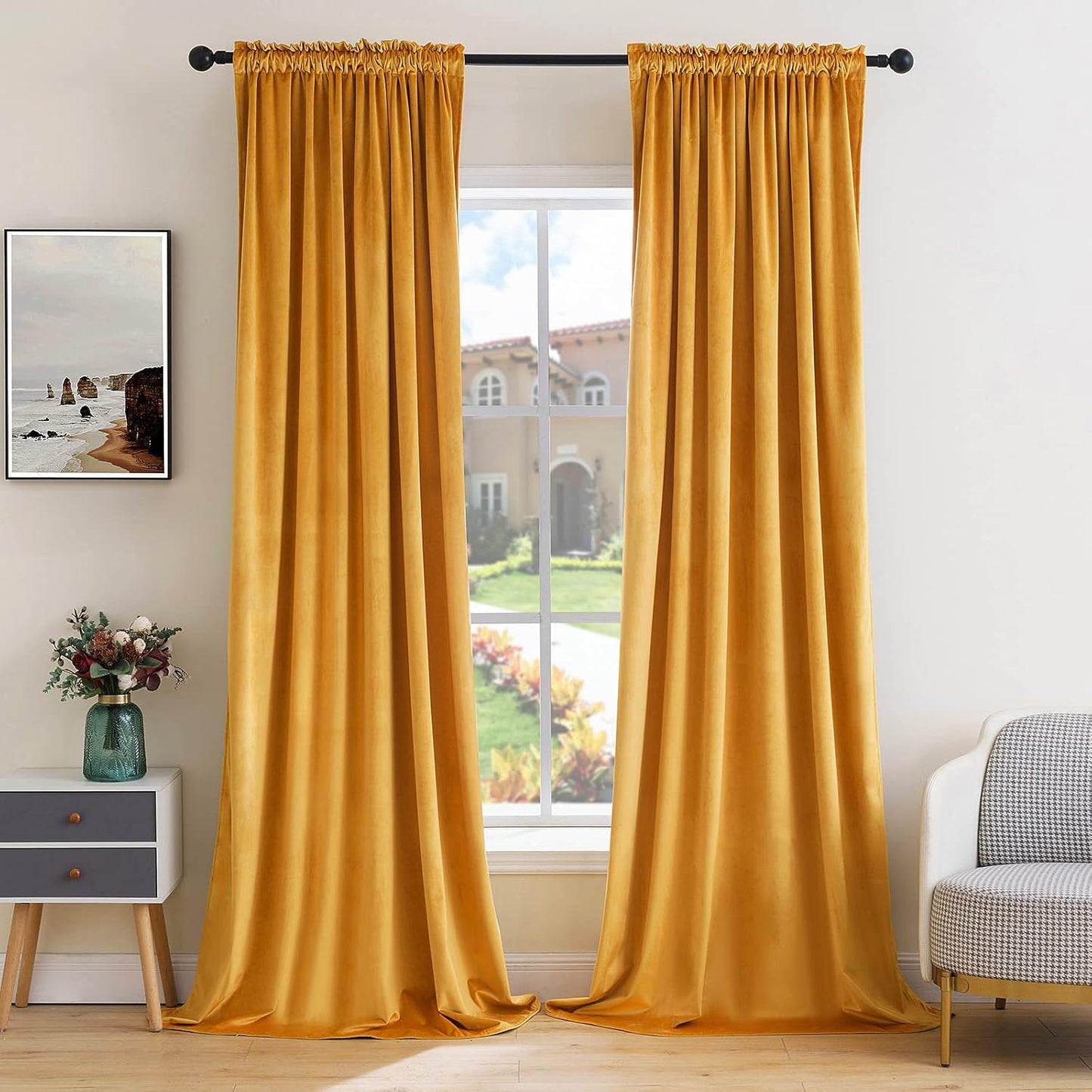 MIULEE Mustard Yellow Velvet Curtains Thermal Insulated Blackout Curtain Fall Drapes for Bedroom Living Room Darkening 108 Inches Long Curtains Panels Rod Pocket Set of 2