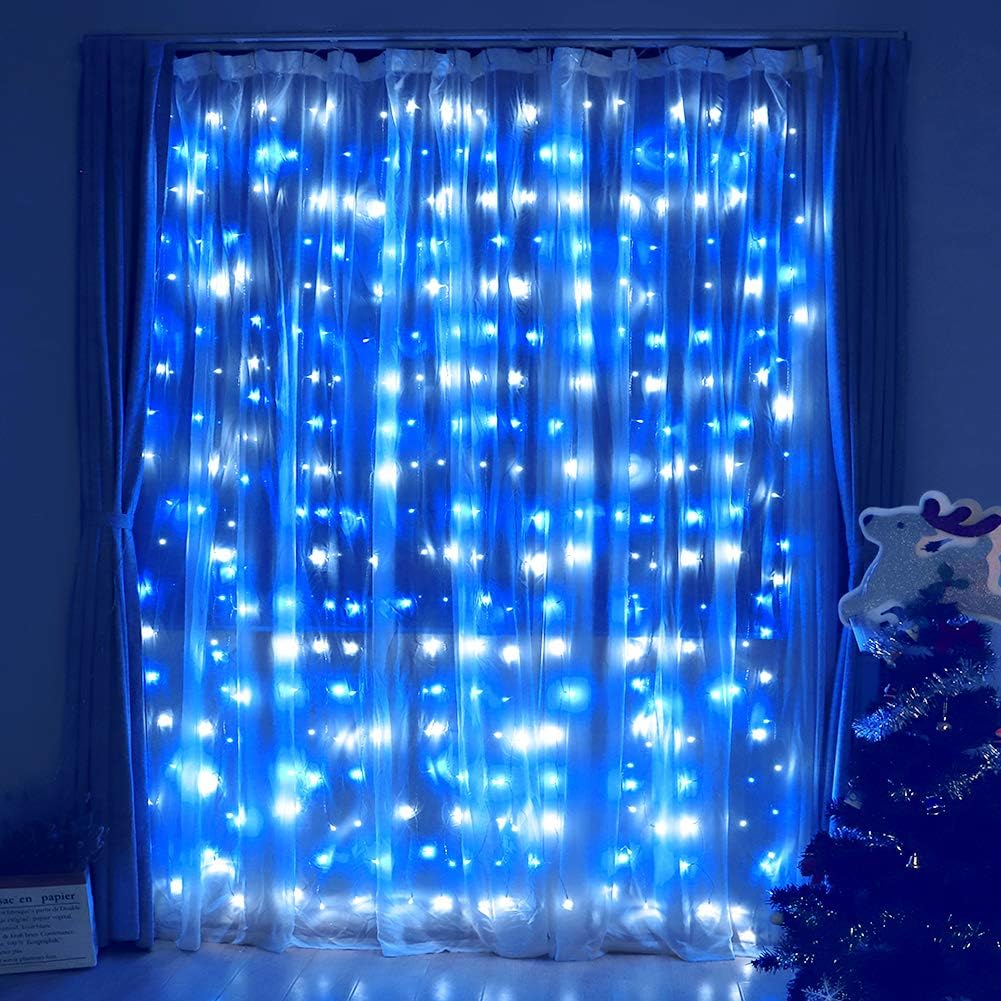 HEYFUNi Fiee Curtain Lights,304L 9.8ftX9.8ft 30V 8Modes Safety Window Lights for Home Wedding Christmas Party Patio Lawn Garden Bedroom Outdoor Indoor Wall Decorations (304LED, Blue+White)
