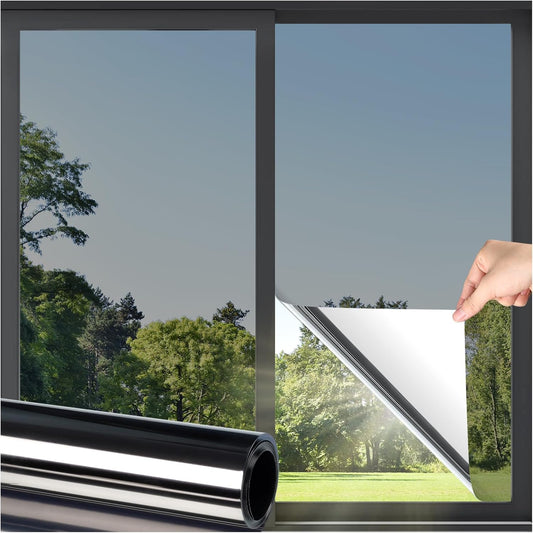 DOWELL Window Privacy Film, One Way Window Tint for Home, Static Cling Anti UV Sun Blocking Reflective Mirror Film, Heat Control See Out Not in Glass Tinting, Black Silver, 23.6" x 78.7"