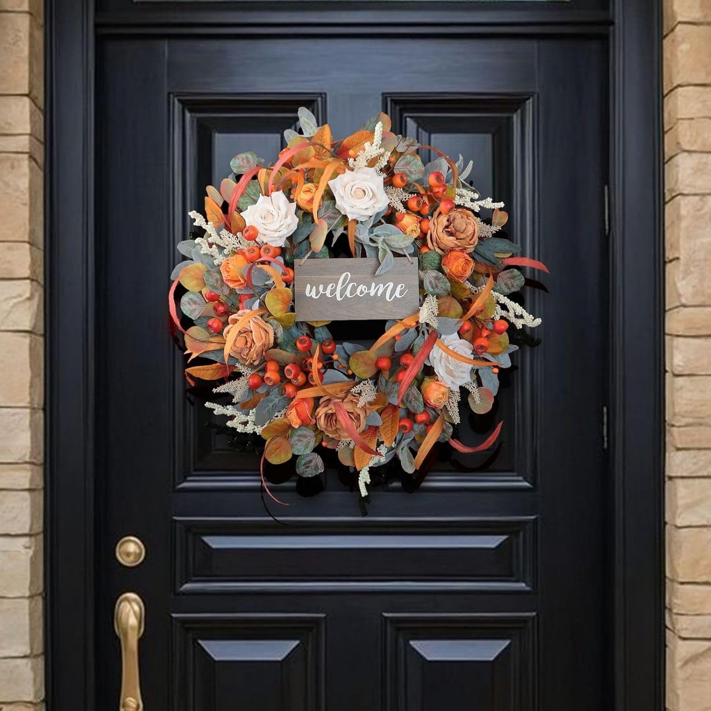 Fall Wreath for Front Door, 24 Inch Autumn Wreath with lamb's Ear Leaves, Roses, Berries & Wooden Sign,Fall Decorations for Home, Artificial Flowers Harvest and Thanksgiving Indoor & Outdoor