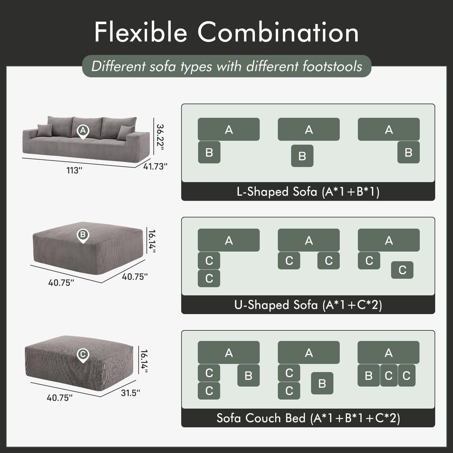 Boneless Sectional Cloud Couch Sofa for Living Room, 112" U-Shaped Modular Modern Lounge Sleeper Grey Couches with Chaise, No Assemble, Cordury Compression Upholstered Sofas