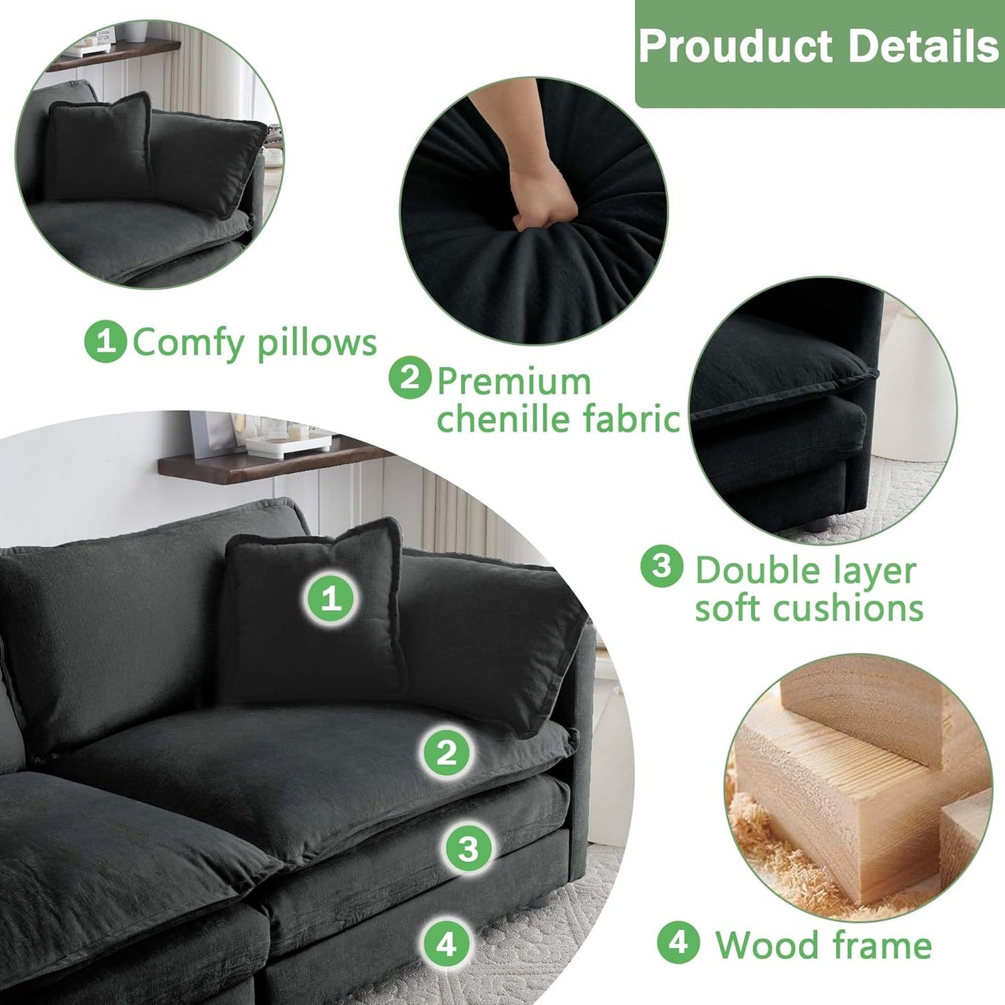 Sectional Sofa 4 Seater with Movable 1 Ottoman,Oversized Modular Couch Deep Seat (Black, 146.5 inch-L)