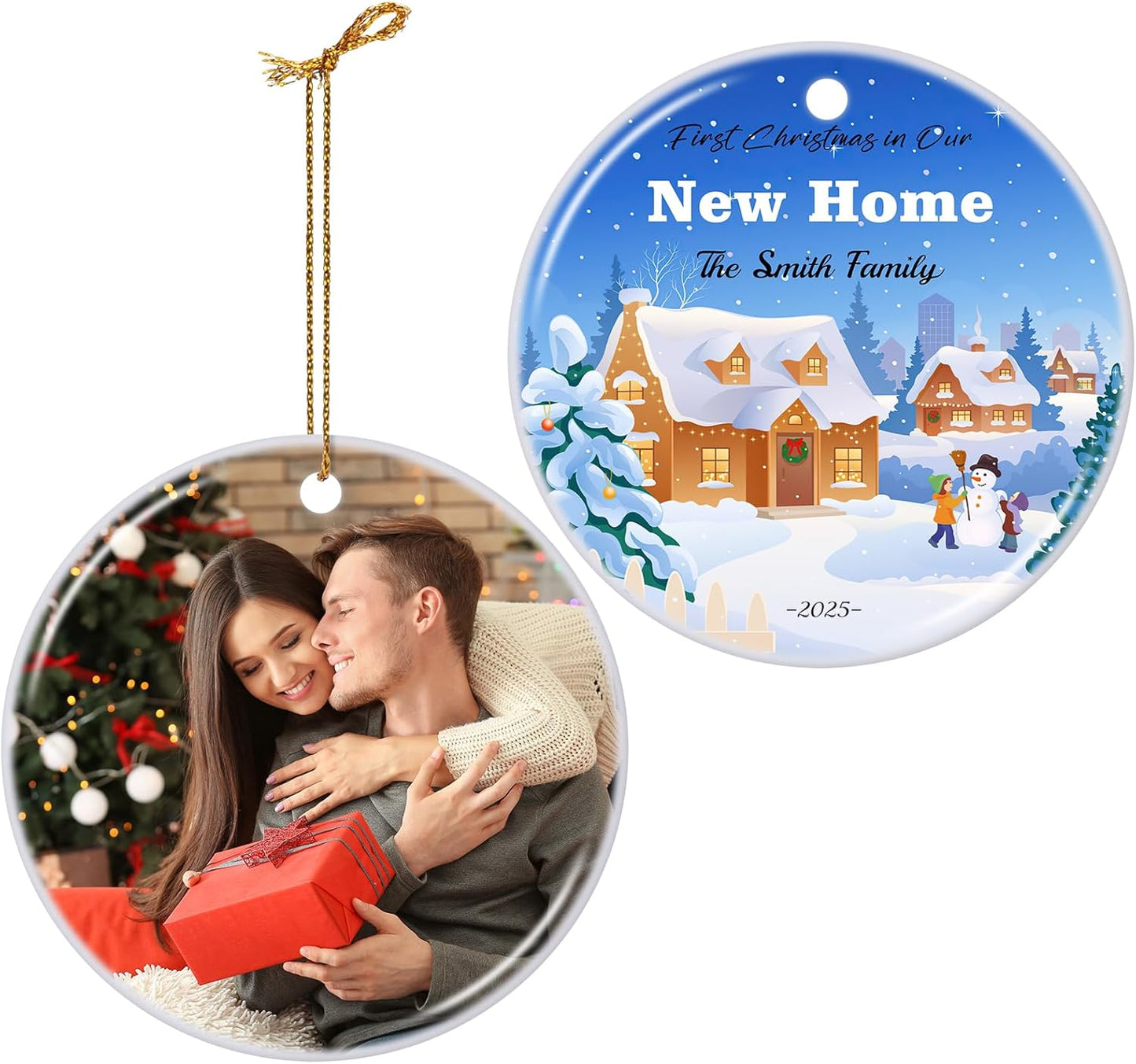 Personalized First Christmas in Our New Home Hanging Ornament 2025, Ceramic Custom Christmas Photo Ornament Xmas Tree Decorations Housewarming Gift for Family Couples Wedding