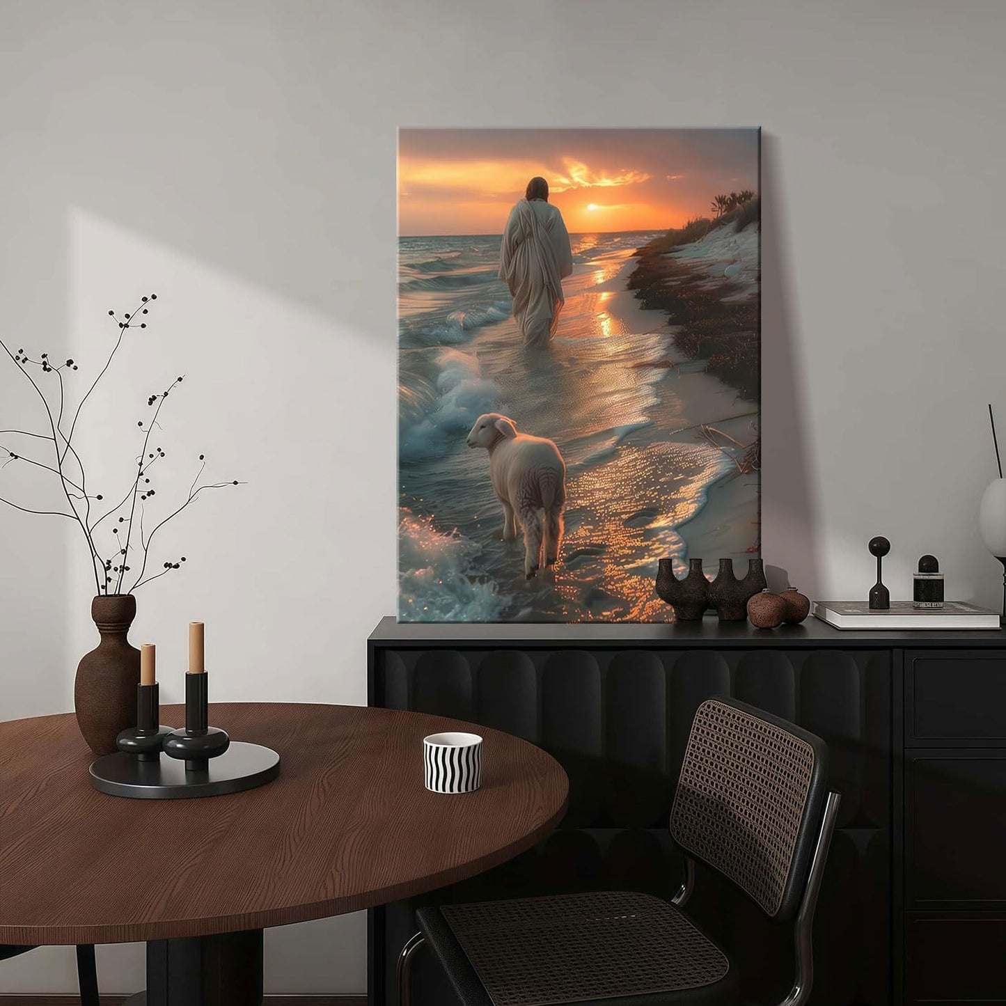 Framed Canvas Jesus and the Lamb Walking on the Beach Wall Decor Wall Art Gallery Decor Unique Print Wall Decor for Living Room Bedroom Church Home Decor 24x36 Inch Ready to Hang