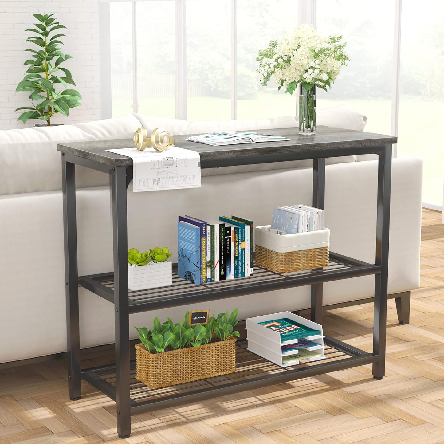Ecoprsio Small Console Table, Sofa Table with Double Mesh Shelves, Modern Entryway Table for Entryway, Hallway, Foyer, Front Hall, Sofa Couch, Living Room, Bar, Kitchen, 32 Inch, Grey